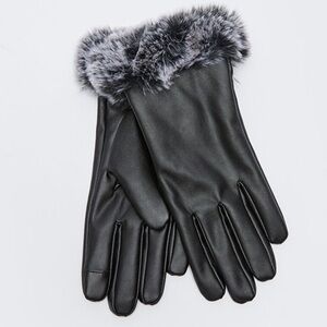 Elegant Black Faux Leather and Fur Detailed Women's Gloves